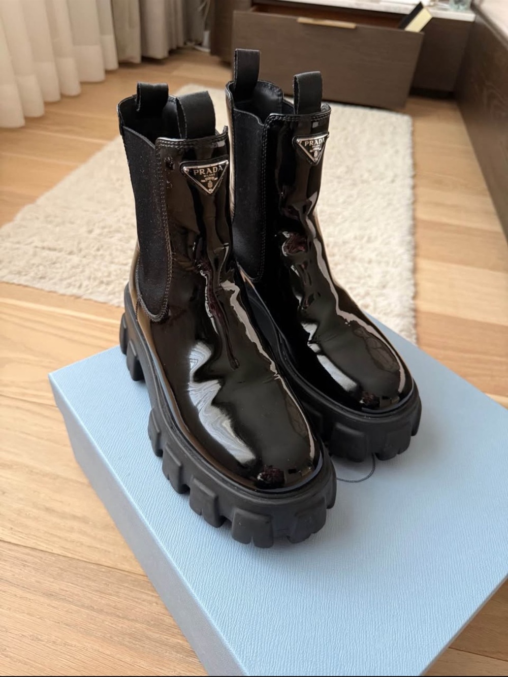 Prada Black Patent Lug-Sole Chelsea Boots - Picture 2 of 10